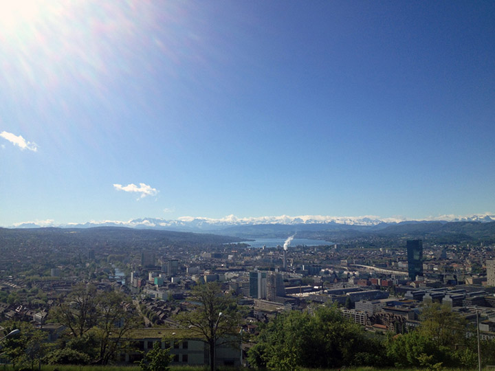 Blick auf Zürich samt Zürisee und Berggipfel.